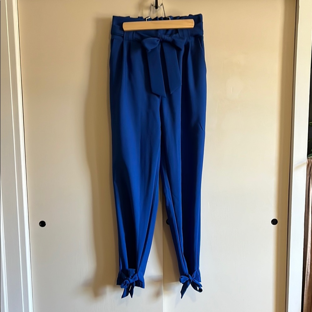 Vibrant Blue Cropped Paper-Bag Pants with Ankle Bows